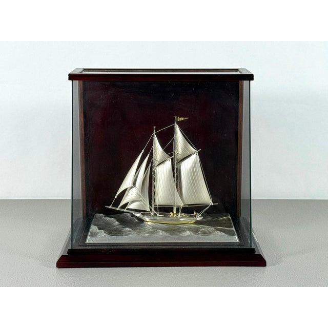 Rare Seki Takehiko Signed 985 Silver Yacht Model Original Box and Case Maritime Art For Sale In Portland, ME - Image 6 of 17