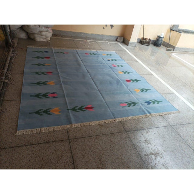 Handmade Cotton Vegetable Dyed Flat Weave Area Rug, Sky Blue Leaf Dhurrie - 8'x10' For Sale - Image 13 of 13