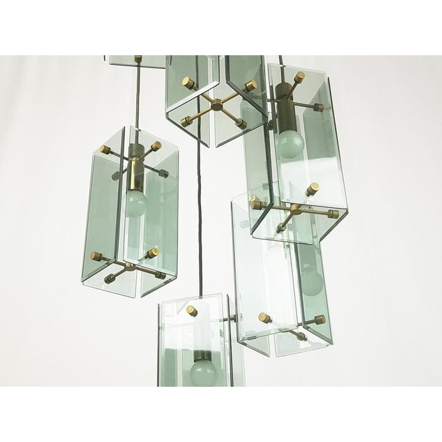 Blue Italian Teak Pendant Lamp in Gilt Aluminum and Smoked Glass, 1960s For Sale - Image 8 of 17