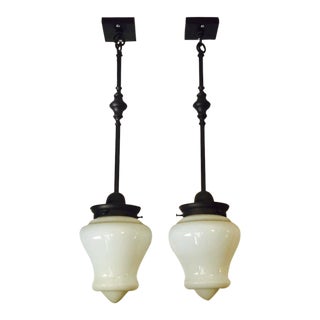 School Style Metal, Glass, Pendant Lights - A Pair For Sale