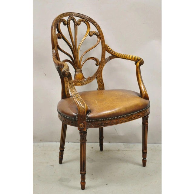 Theodore Alexander Style Neoclassical Regency Carved Open Back Arm Chair. Item features tooled leather seat, solid wood...