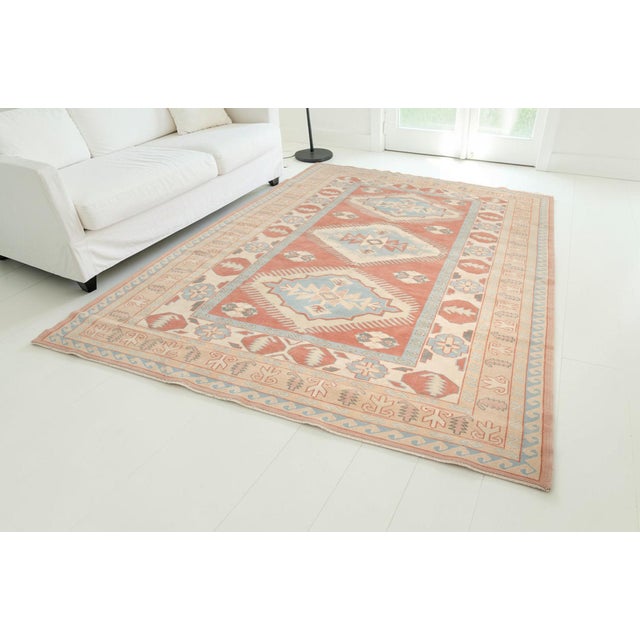 Hand-Knotted Bohemian Area Rug, Faded Terracotta and Blue Carpet For Sale - Image 4 of 10
