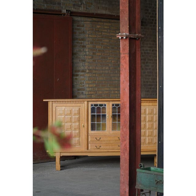 Danish Oak Sideboard with Leaded Glass Doors by Henning Kjærnulf, Denmark, 1960s For Sale - Image 3 of 18