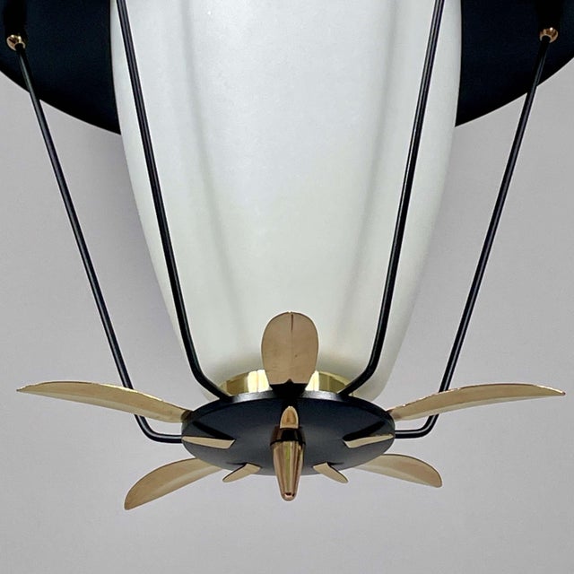 Black Metal and White Opaline Lantern with Brass, France, 1950s For Sale - Image 4 of 18