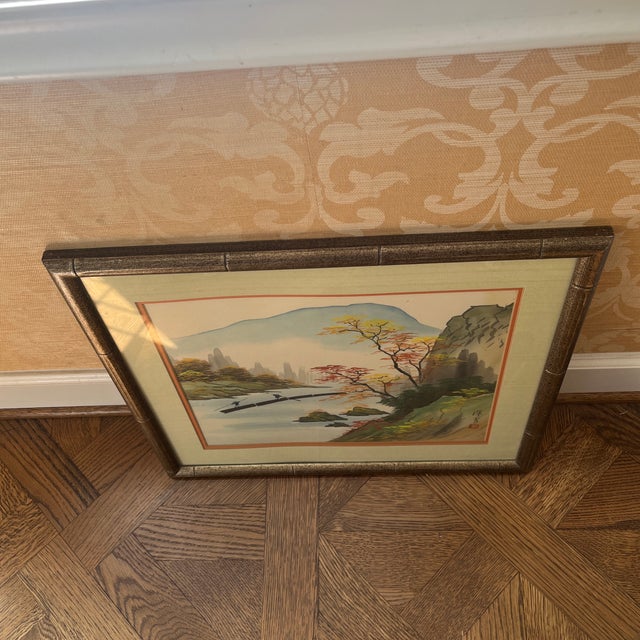 Mid 20th Century Original Japanese Watercolor Signed/Artist Certified Faux Bamboo Frame For Sale In Dallas - Image 6 of 10