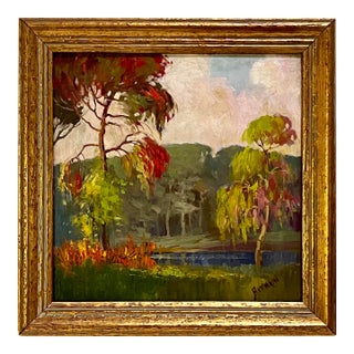 Vintage American Impressionist Oil Painting Wooded Landscape by Harry G. Aitken For Sale