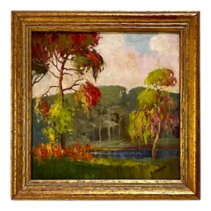 Vintage American Impressionist Oil Painting Wooded Landscape by Harry G. Aitken