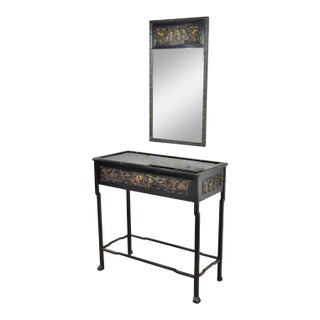 Early 20th Century Antique Lacquered Asian Console Table & Mirror with Hand Carved Lacquer Figures & Florals - a Pair For Sale