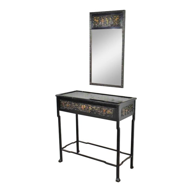 Early 20th Century Antique Lacquered Asian Console Table & Mirror with Hand Carved Lacquer Figures & Florals - a Pair For Sale