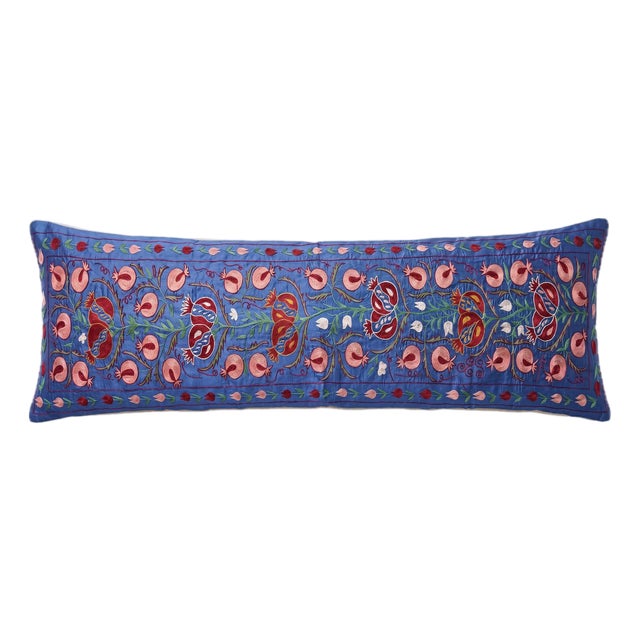 Blue Pomegranate Suzani Lumbar Pillow Cover 18'' X 74'' For Sale