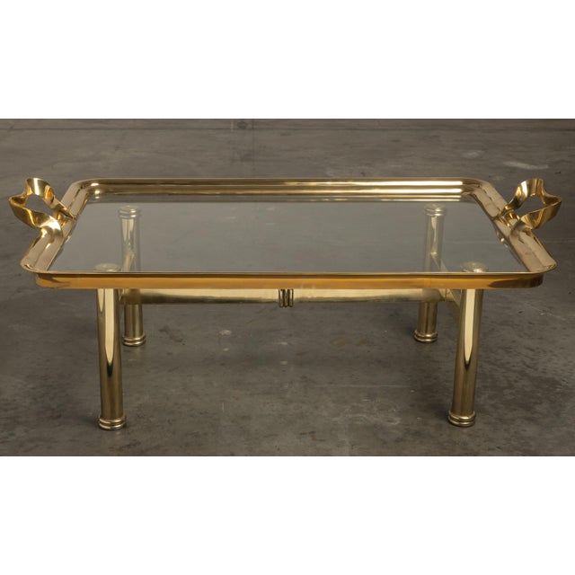 1980s Brass & Glass Coffee Table Glam Metal Chic Tray-Form For Sale - Image 4 of 11