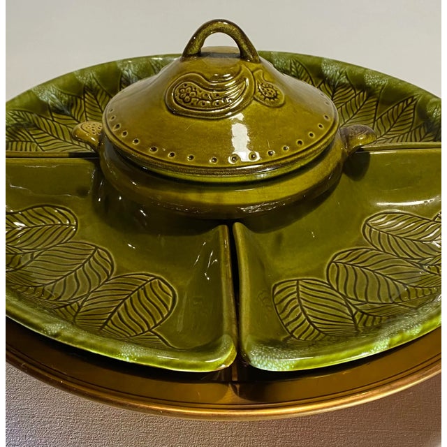 Metal Mid-Century Modern Charcuterie Server, Rotating Ceramic Topper on Copper Color Raised Pedestal Base For Sale - Image 7 of 12