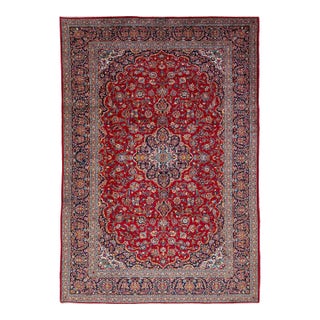 8 X 12 Vintage Red Kashan Handknotted Persian Wool Rug With Rosette Motif For Sale