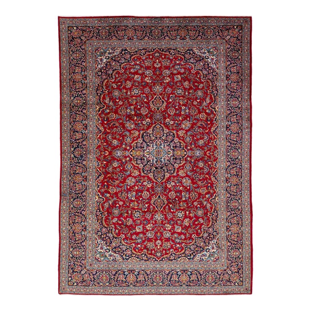 8 X 12 Vintage Red Kashan Handknotted Persian Wool Rug With Rosette Motif For Sale