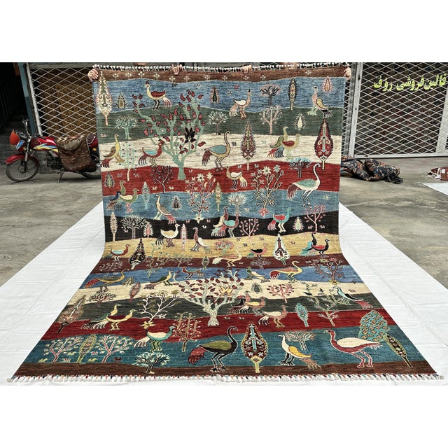2000 - 2009 Multicolor Afghan Pictorial Bird & Tree Hand-Knotted Wool Rug - 9'7" X 6'9" For Sale - Image 5 of 15
