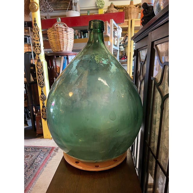 Mediterranean Vintage Large Green Demijohn Bottle 27” Tall For Sale - Image 3 of 9