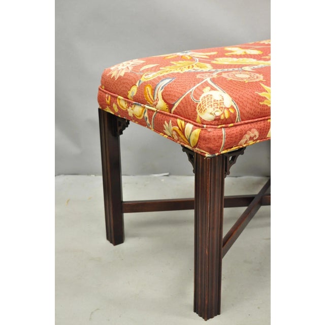 Vintage Chinese Chippendale Style Carved Mahogany Fretwork Bench Stool - Pair For Sale - Image 4 of 12
