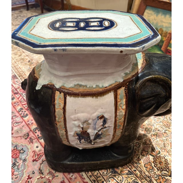 Large Antique Glazed Terracotta Elephant Garden Seat. For Sale - Image 9 of 9