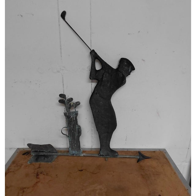 Vintage Copper Golfer Weathervane 2nd Half 20th Century. It is 30" high x 27" wide x 1.75" deep. Weathered patina...