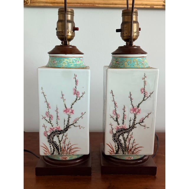 Mid 20th Century Pair of Colorful Chinoiserie Floral Lamps With Silk Shades For Sale - Image 5 of 10