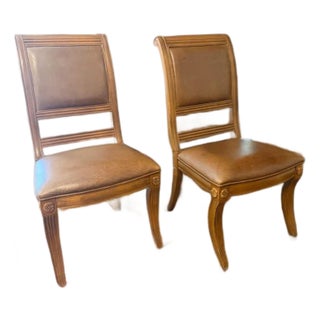 Pair of Bernhardt Handcrafted Wood & Leather Dining Chairs Made in Thailand For Sale