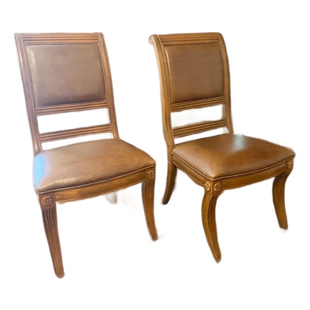 Pair of Bernhardt Handcrafted Wood & Leather Dining Chairs Made in Thailand For Sale