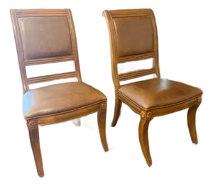 Pair of Bernhardt Handcrafted Wood & Leather Dining Chairs Made in Thailand