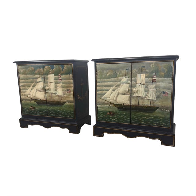Pair of Hand-Painted Nautical Cabinets, Clipper Ship & Compass Rose Design For Sale - Image 9 of 18
