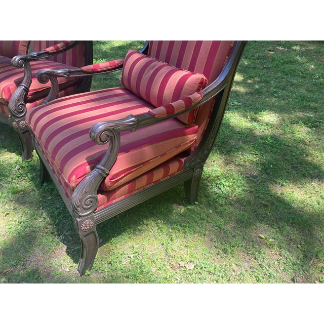 2000 - 2009 Ethan Allen Newport Neoclassical Empire Lounge Armchairs Set of 2 Burgundy Gold Striped For Sale - Image 5 of 12