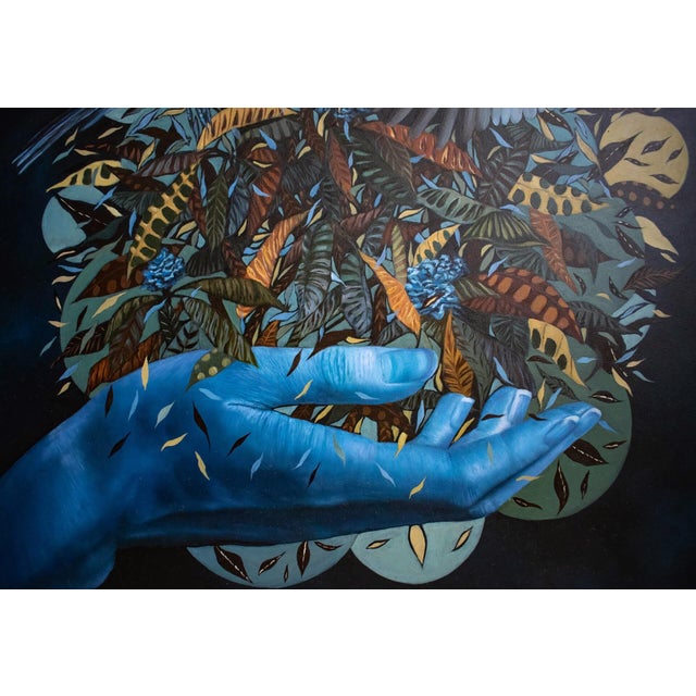 Early 21st Century Confetti of Life by Andrada Trapnell | Oil on board Hand holding flowers with birds flying around. For Sale - Image 5 of 5