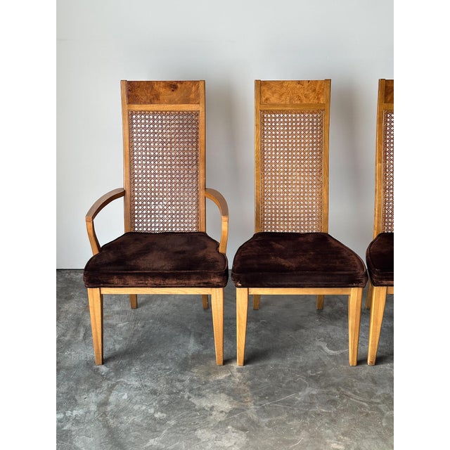 Postmodern Set of 6 Milo Baughman Style Cane Back Burl Dining Chairs by Lane, 1970s For Sale - Image 3 of 18