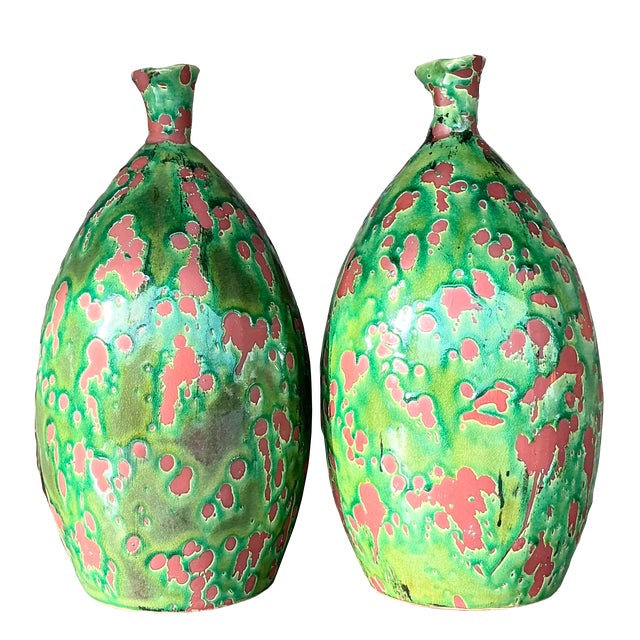 Vintage Boho Monumental Glazed Ceramic Vases - a Pair For Sale
