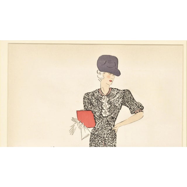 This is a matted large formatted hand-colored fashion illustration with fabric swatches that dates to the late 1930’s. It...