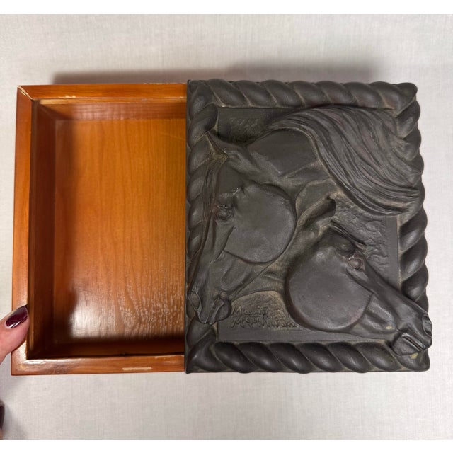 Vintage Equestrian Low Relief Lidded Wooden Decorative Organization Accessory Box, Black & Charcoal Gray For Sale - Image 11 of 12