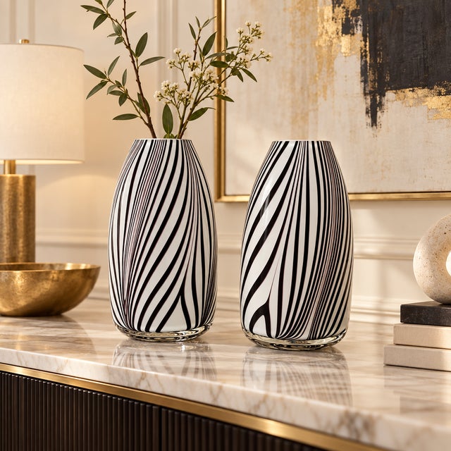 Pair Hand-Blown Art Glass Vases White Oxblood Striped Murano Style MCM For Sale - Image 4 of 9