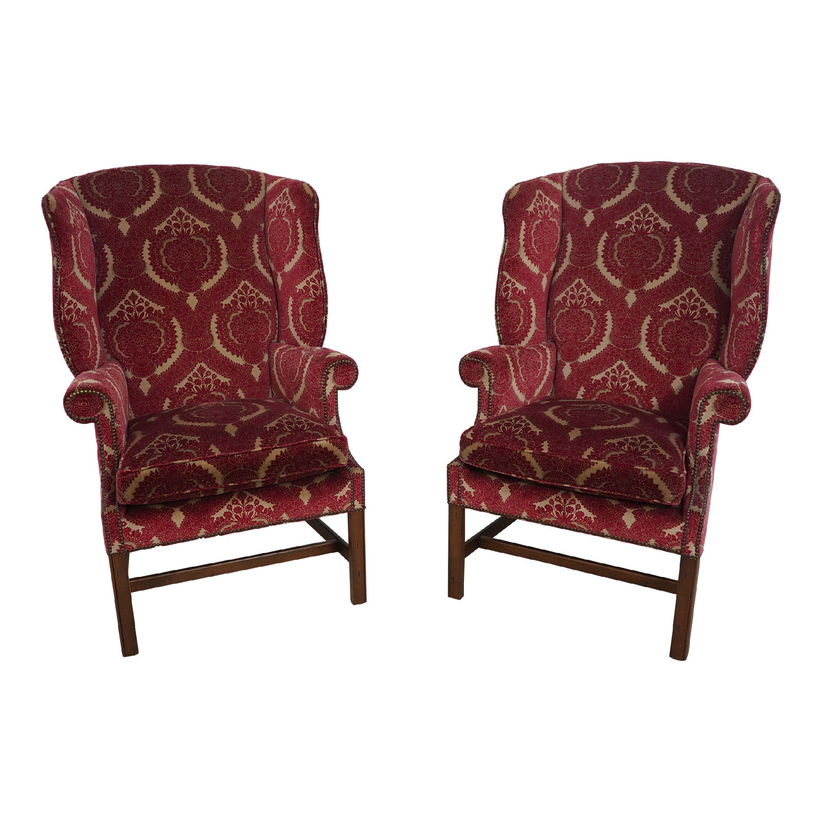 Pair Trs Damask Upholstered Chippendale Wing Back Easy Chairs Chairish