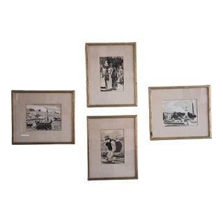1950s Fine Grisaille Watercolors by a Travelling Artist Signed - Set of 4 For Sale