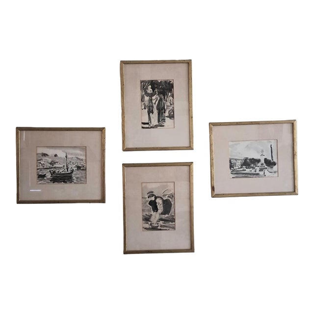 1950s Fine Grisaille Watercolors by a Travelling Artist Signed - Set of 4 For Sale