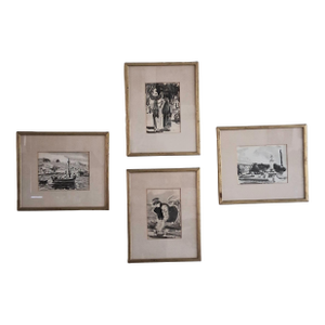 1950s Fine Grisaille Watercolors by a Travelling Artist Signed - Set of 4