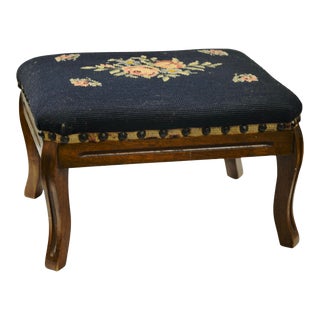 Antique Needlepoint Hardwood Foot Stool For Sale