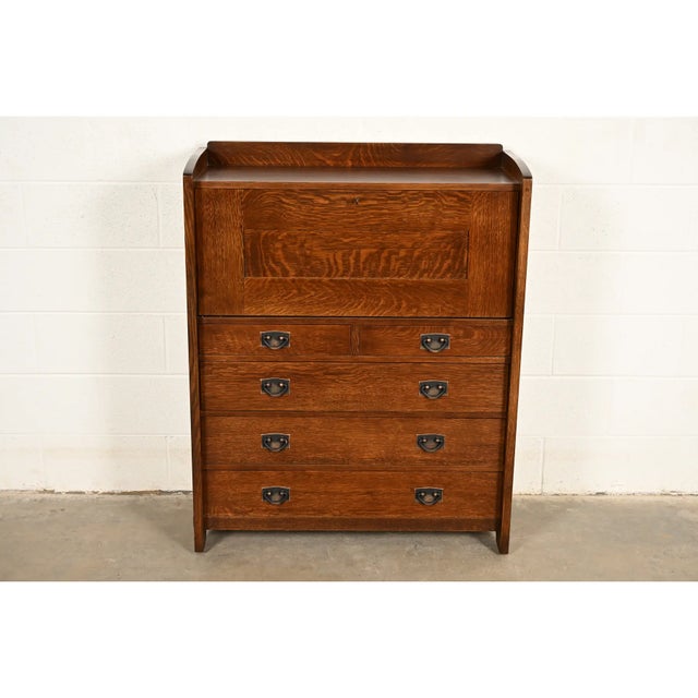 Mission L. & J. G. Stickley Mission Oak Arts & Crafts Drop Front Secretary Desk For Sale - Image 3 of 15