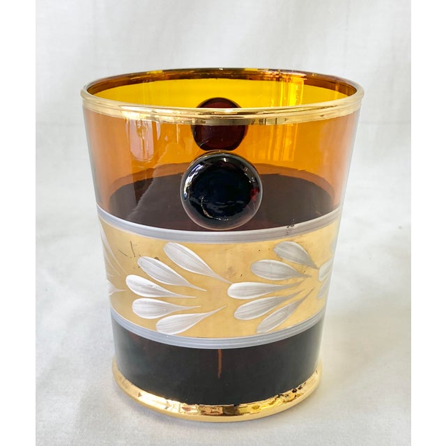 60s Vintage HandPainted Art Glass Tea Glasses & Ice Bucket W/Bakelite