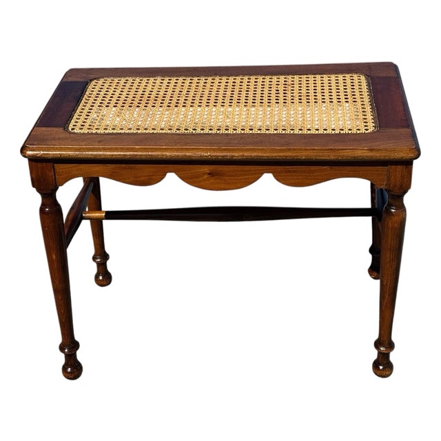 Antique Victorian Pre-1930 Caned Bench Woven Cane Seat Piano Hall Bench Wood For Sale