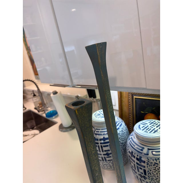 Metal Dusty Blue Patinated Metal Candlesticks With Antiqued Gold Highlight Set of 3 For Sale - Image 7 of 14