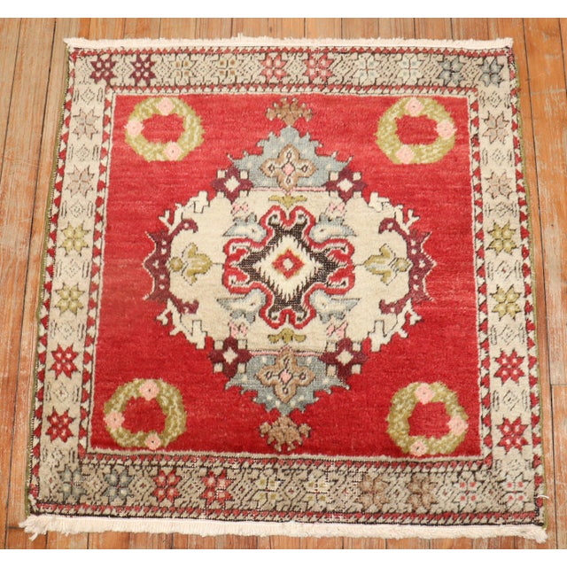 Red Mini Square Antique Turkish Rug For Sale - Image 8 of 18