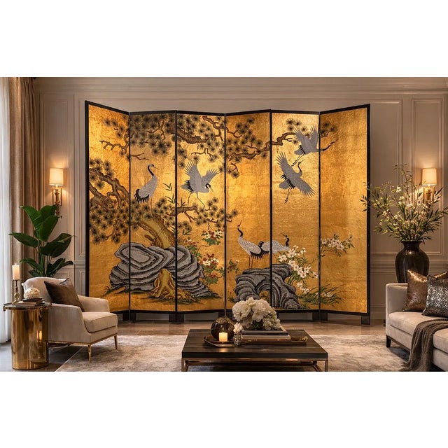 1970s 1970s Japanese Crane Style 6-Panel Folding Screen 8 Ft Room Divider For Sale - Image 5 of 5