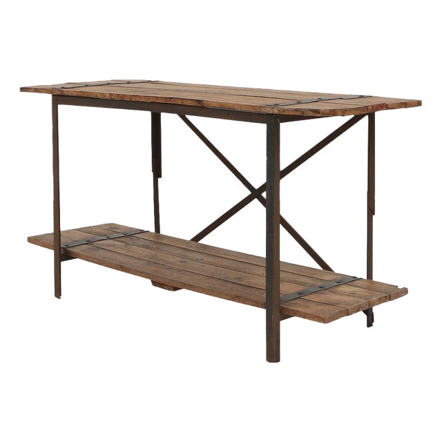 Industrial Side Table with Metal Frame, Wooden Top and Removable Platform, Belgium, 1920s For Sale