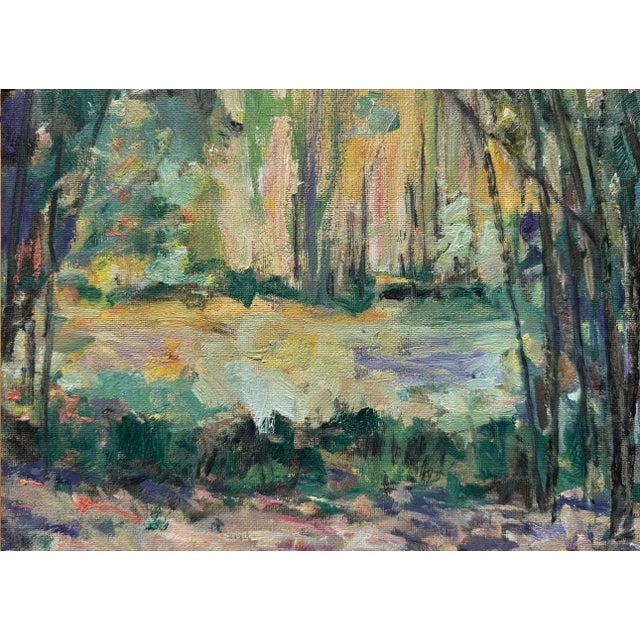 Monet Contemporary Post-Impressionist Oil Painting of Water Scene With Lilies After Monet in Vintage French Frame For Sale - Image 4 of 9