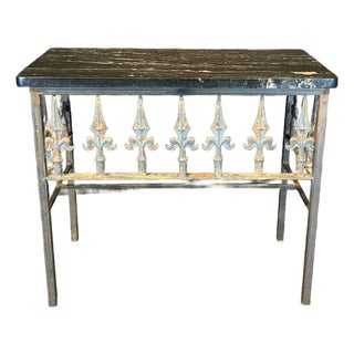 Antique French Wrought Iron Console Table With Balcony Railing and Marble For Sale