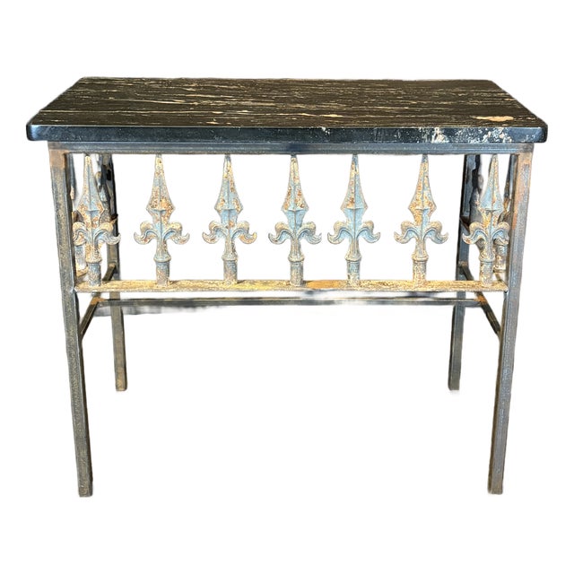 Antique French Wrought Iron Console Table With Balcony Railing and Marble For Sale